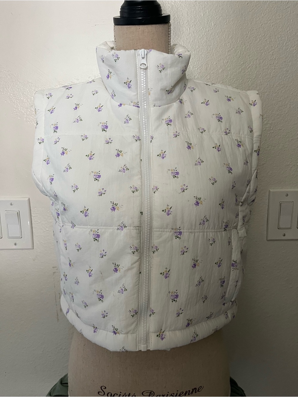 Thread & Supply White Quilted Floral Puffer Vest